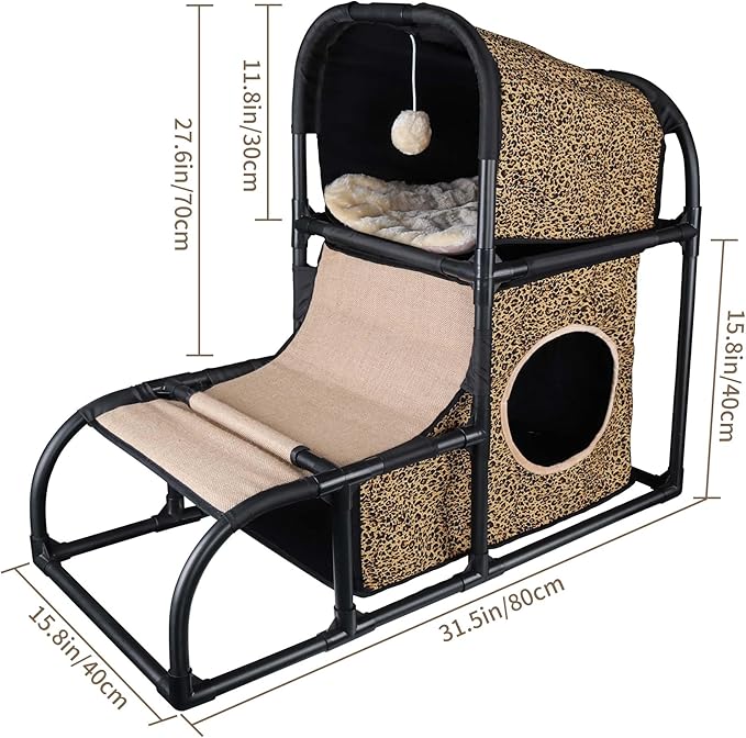 Goetland PVC Modern Cat Condo House Tree Medium Tower Bed Scratching Post Climber With Peek Hole and Dangling Ball for Kitty Indoors Leopard