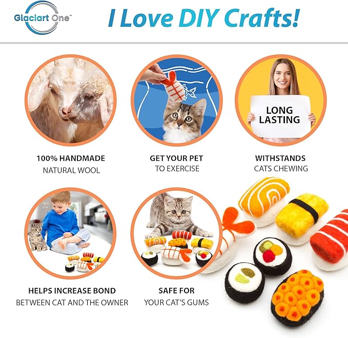 Glaciart One Wool Sushi Cat Toy Set with Catnip | Cute Cat Toy for Interaction & Boredom Relief, Encourages to Exercise, Explore & Play | Filled w/Organic Catnip to Help Sooth or Reduce Anxiety