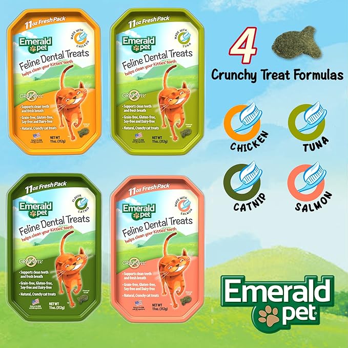 Emerald Pet Grain-Free Cat Dental Treats with Salmon – Crunchy Natural Dental Treats for Cats to Clean Teeth, Freshen Breath, and Reduce Plaque & Tartar – 11 oz Tub