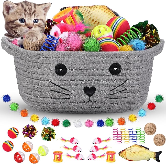 Zopeal 58 Pcs Summer Graduation Cat Storage Basket Gift Toys Set, Colorful Flashing Balls Pet Bell Crinkle Balls Spring Toys Attract Cat to Swat, Hunt, Interactive for Pet(Grey,9.8 Inch)