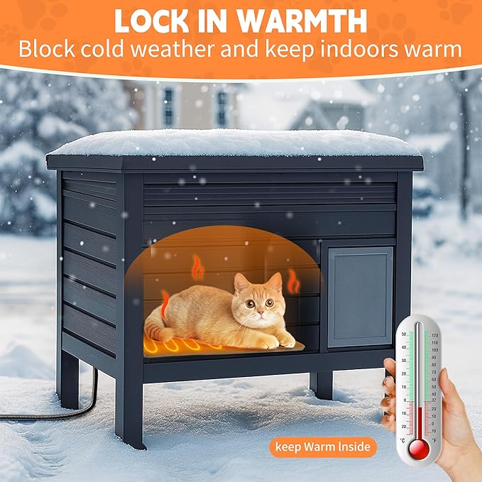 Outdoor Heated Cat House for Outside, Insulated Cat House Outdoor Weatherproof with Heated Pad & Air Rods for Winter, Large Outside Cat Shelter with Raised Floor & Ground Spike for Feral Cats, Black