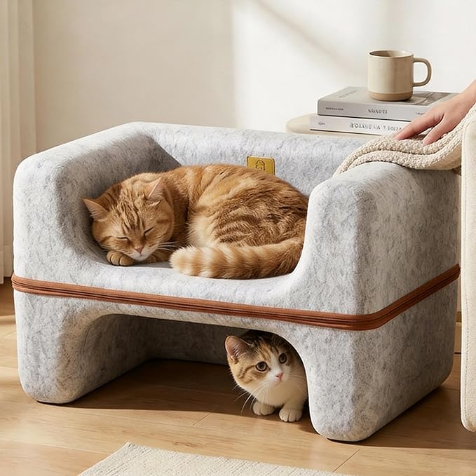 Cat Bed for Indoor Cats, 2-Tier Cat Cave Bed with Top Lounge & Lower Hideaway, Washable PET Felt Cat Sofa for Living Room, Bedroom, Apartment, Scratch-Friendly Cat Furniture, Light Gray