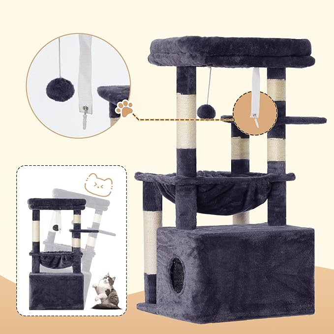 Heybly Cat Tree, Kitten Tower with Large Soft Cat Basket,Cat Condo with Spacious Cat Bed Cave with Hidden Space，Sisal-Covered Scratching Posts,Dangling Ball for Indoor Cats, Smoky Gray HCT008SG