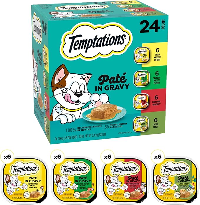 Temptations Pate in Gravy Adult Wet Cat Food Tasty Chicken Entree, Seafood Medley, Backyard Cookout, and Catnip Fever, 3.5 oz. Trays (24 Count, Pack of 1)