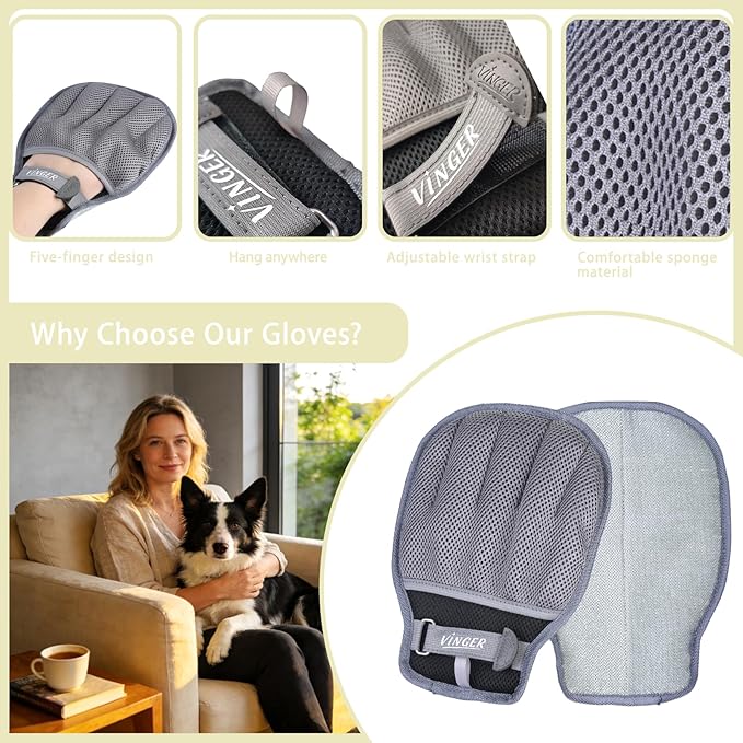 VINGER Pet Hair Removal Glove for Cats & Dogs, Electrostatic Pet Hair Gloves with Adjustable Wristband, Five-Finger Magic Brush Remover Tool for Laundry, Carpet, Couch, Car Seats & Clothing (Grey)