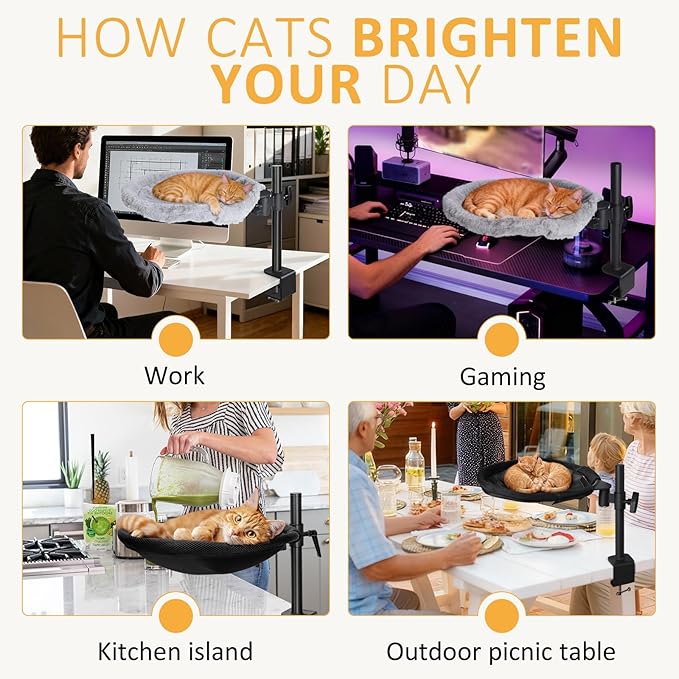 Topmart Cat Desk Bed with 360° Rotating & Adjustable Height, Cat Hammock for Desk with 2 Washable Pads, Easy to Install, Kittens Bed for Desk Attachment for Home Office,Up to 45LBS, Grey & Black