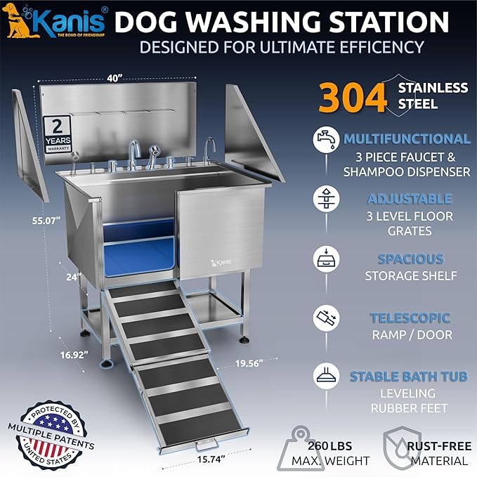 KANIS Professional Dog Washing Station 304 Stainless Steel Pet Wash Sink & Grooming Bathtub w/Shower, Floor Grates and Storage for Large, Medium & Small Pets (Silver, 40 Inches, Left Ramp, Shelf)
