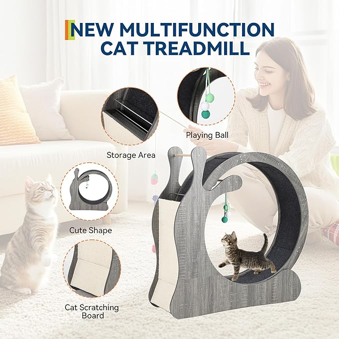Cat Exercise Wheel,41" Wooden Cat Treadmill with TPE Silent Rollers, Indoor Running Wheel with Interactive Toys, Sisal Scratching Pad & Storage Shelf, Safe Narrow Gap for Large Cats