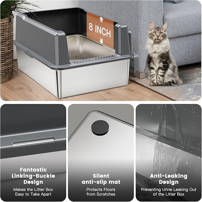 WoofiGo XXL Stainless Steel Cat Litter Box with High Sided, 27.6" L x 20" W x 14" H Extra Large Litter Box for Big Cats and Multiple Cats, Enclosure Cat Litter Pan with Anti-Urine Leakage, Easy Clean