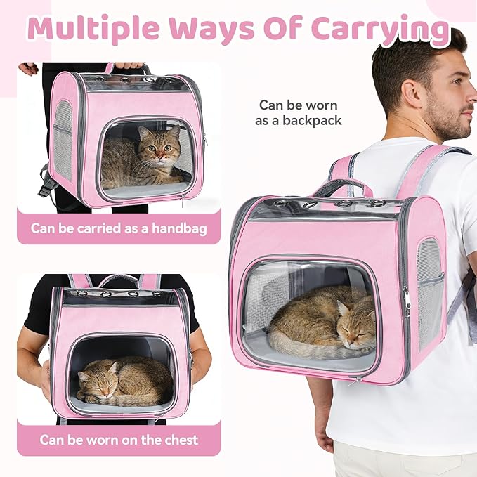 Innovative Traveler Backpack Pet Carriers Cat Backpack with Breathable Mesh Puppy Travel Carrier with Soft Padded Reinforced Support Foldable Small Dog Carrying Backpack for Kitty up to 15lbs (Pink)