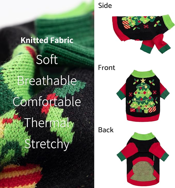 Fitwarm Cozy Dog Christmas Sweater, Thermal Winter Clothes for Small Dogs, Boy & Girl, Holiday Pet Apparel, Black, Red, Green, Yellow, XS