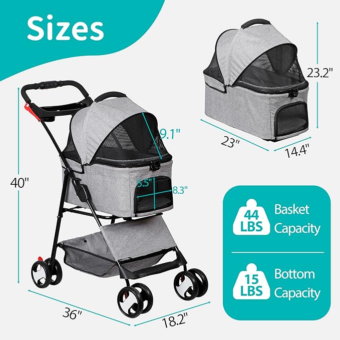 4 Wheels Foldable Pet Dog Cat Jogger Stroller Travel Carrier Strolling Cart w/Waterproof Cover Storage Basket Cup Holder & Detachable Carrier for Medium Small Cat Dog, Grey