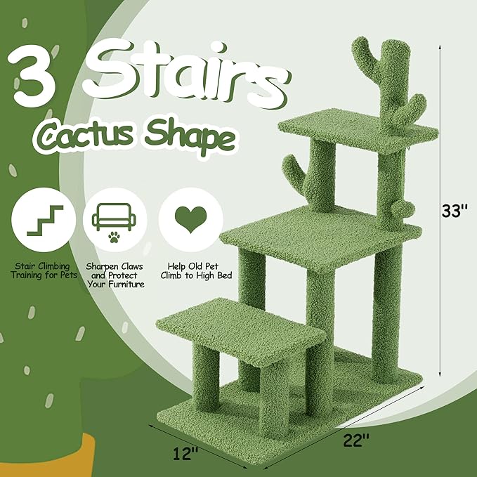 HOMBYS Cautus Cat Stairs for Old Cats & Dogs, Pet Steps for High Beds, Couch & Window,Vertical Cautus Green Cat Tree with Dangling Balls for Indoor Pets Climbing Playing, Holds Up to 150 Lbs,
