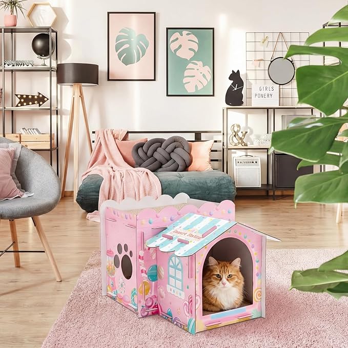 Lineshading 2 Story Cardboard Cat House with Scratcher Pad, Multi Level Durable Cat Scratcher House for Small Kitten Bunny Rabbit Animals Christmas Birthday Gift(17x12x10,Confectionery)
