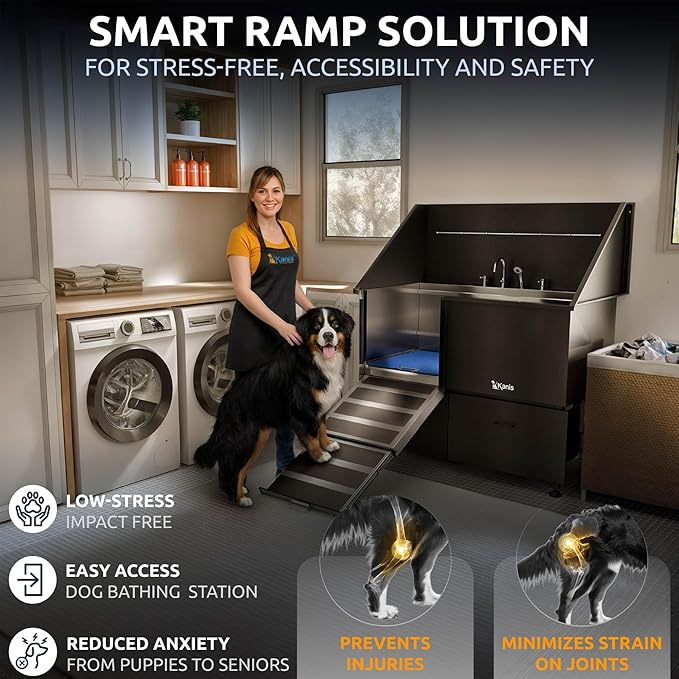 KANIS Professional Dog Washing Station 304 Stainless Steel Pet Wash Sink & Grooming Bathtub w/Shower, Floor Grates and Storage for Large, Medium & Small Pets (Black, 50 Inches, Left Ramp, 2 Drawers)