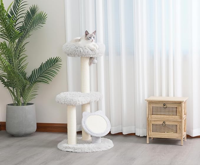 Petpals Medium Size Cat Tower with Replaceable Sisal Scratching Posts, Cat Head Shaped Sisal Scratching Pad and 2 Platform Shag Faux Fur View Perchs, for Indoor Cats, Light Grey (Light Grey)