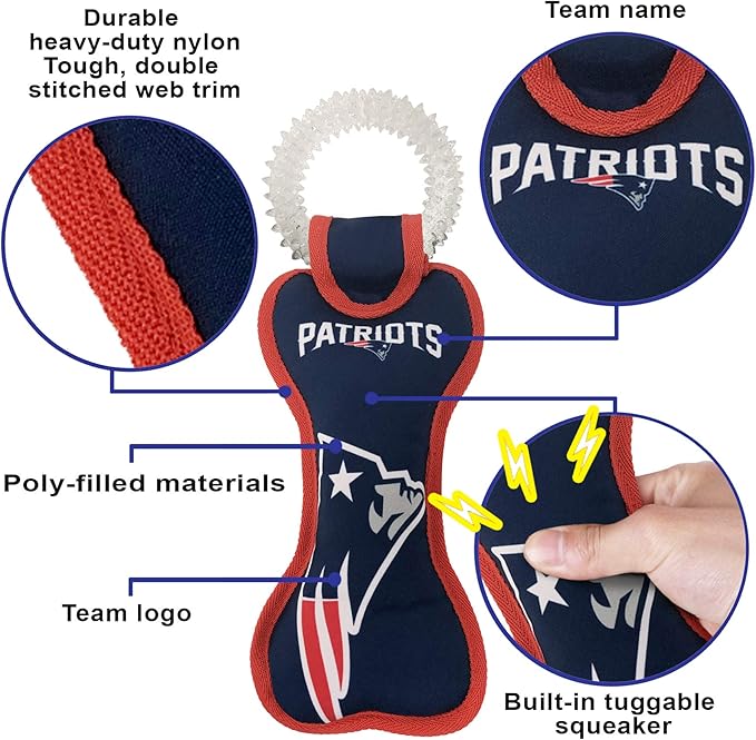 Pets First NFL New England Patriots Dental Dog TUG Toy with Squeaker. Tough PET Toy for Healthy Fun, Teething & Cleaning Pet's Teeth & Gum.
