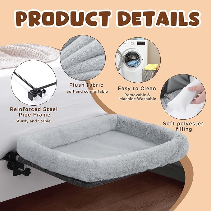 BALAPET Firm Bedside Cat Bed, Cat Bed with Soft Guardrail Extension Attached to Human Bed, Adjustable Pet Bed with Sturdy Frame,Holds up to 44lbs, Stable & Breathable