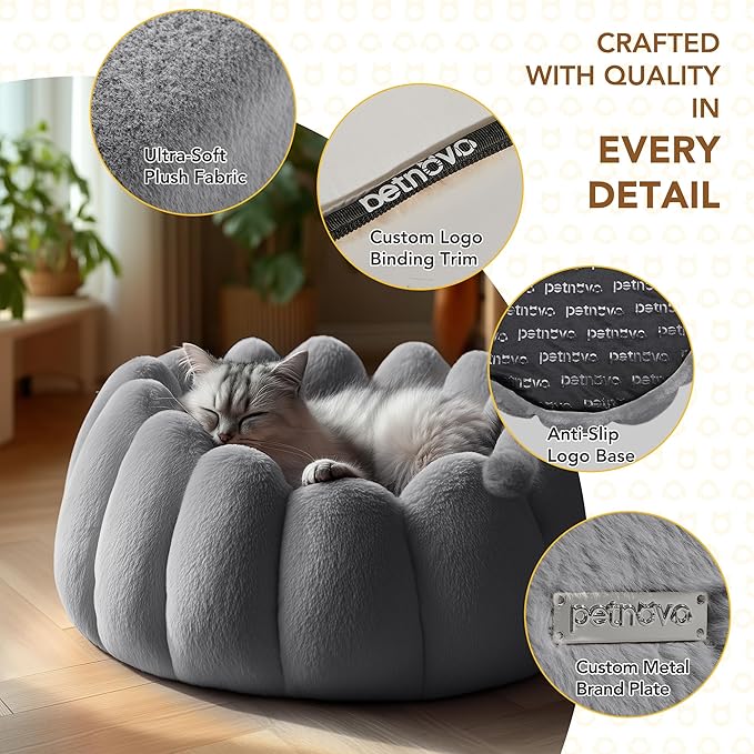 PETNOVO Grey Pumpkin Cat Bed, Plush Donut Cuddler with High Bolster, Non-Slip Cozy Pet Nest for Indoor Cats up to 13 lb and Small Dogs, 20L x 20W x 12H Inch