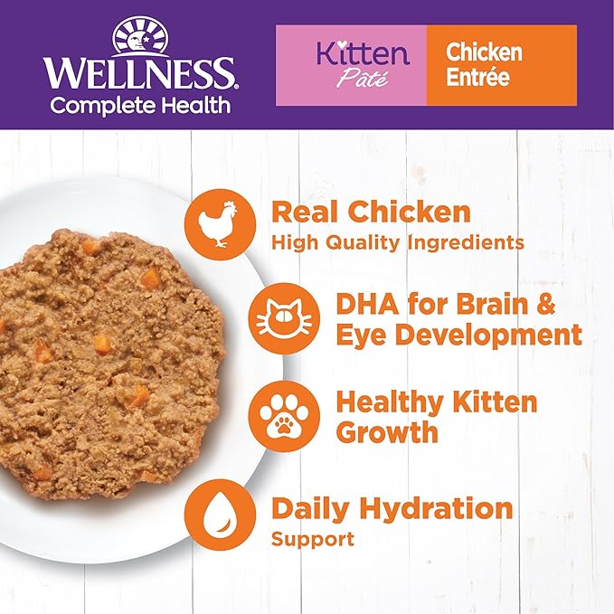 Wellness Complete Health Pate Kitten Canned Wet Cat Food, Natural, Protein Rich, Grain Free, Chicken Entrée Recipe, 5.5 oz, Pack of 24 Cans