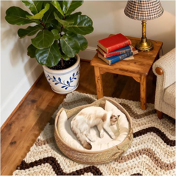 Cat Bed Woven Nest Bed with Soft Cushion and Pillow All Season Weaving Pet Sleeping Resting Scratching Furniture Compatible with Puppy