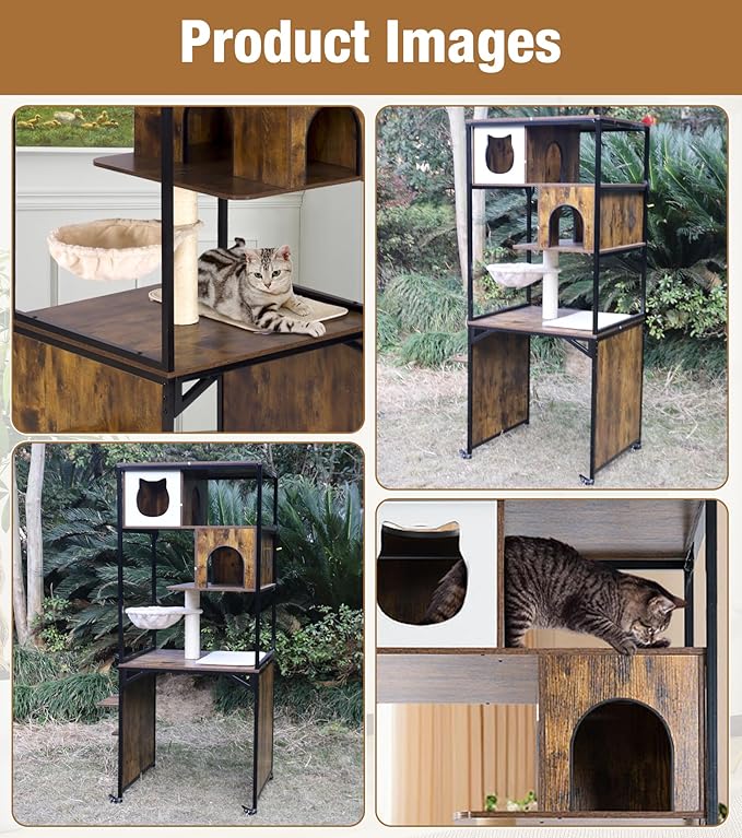 Cat Tower with Litter Box Enclosure, Wooden Cat Tree Tower with Scratching Post, Sturdy Metal Frame Cat Furniture with Adjustable Bed & Anti-Tipping Design, Mobile Cat Condo for Indoor Cats