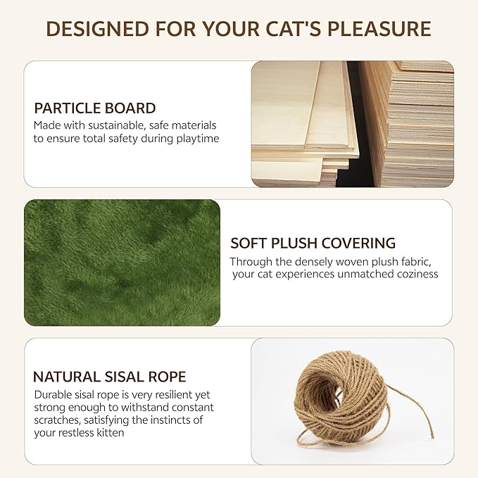 Cat Wall Shelves, Wall Mounted Cat Shelf Furniture with Plush Fabric(13 Piece Set), Cats Furniture with Moon Hammock, Condos, House, Steps, Bridge Ladder, Scratching Post, Green
