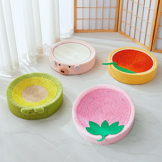 Cat Scratcher Bed Round Sisal Cat Scratcher Cardboard Cat Scratcher Lounge Bed Cat Scratcher Bowl Nest with Cartoon Pattern for Couch Carpets Sofas Protector (Strawberry)