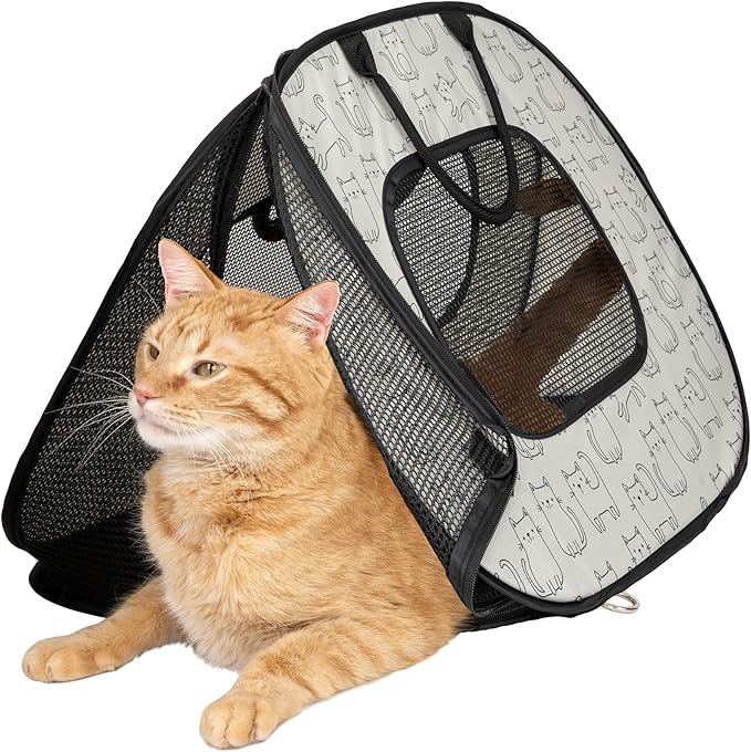 SportPet Designs Pop Open Cat Carrier, Soft-Sided Collapsible Travel Carrier for Cats up to 15 lbs, Lightweight Portable Design with Mesh Ventilation & Secure Zippers, Cat Print