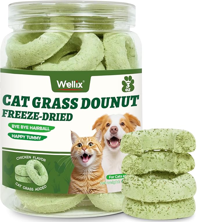Wellix Cat Grass Treats Freeze-Dried Donut for Cats & Dogs - Hairball Control,Gut Health for Dental Cat Treats - Natural Teeth Cleaning for Kittens Training Snacks Chicken Formula 3.17 oz