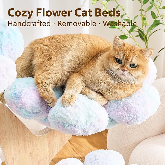 Aesthetic Flower Cat Tree Tower with Scratching Post for Indoor Cats, 48" Modern Cat Tree with Wood Sculpted Branch, Flower Cat Beds, Scratching Board & Interactive Squeaky Toy, Dreamy Blue