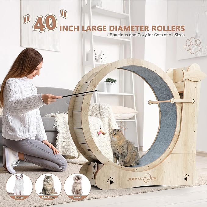 Cat Exercise Wheel for Indoor Cats, 43" Interactive Cat Running Wheel with Scratching Board, Teaser Toy & Storage Shelf, Quiet Carpet Track, Safety Lock, Anti-Pinch Cat Treadmill for Energy Release