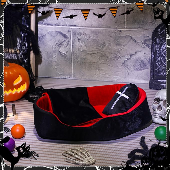 3 Pcs Gothic Cat Bed Set with 19 Inch Washable Coffin Cat Bed Black Tombstone Pillow Red and Black Blanket Gothic Pet Furniture Activity Center for Halloween