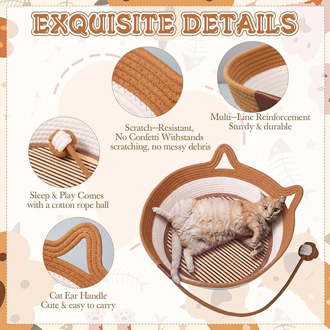 Novabright 2 Pack Handwoven Cat Basket Include 2 Pcs 16.5 x 13.8 x 5.5 Inch Breathable Cat Bed with Tail and 2 Pcs Cooler Mats, Scratchable Basket for Cats, Puppies, Rabbits, and Small Pets
