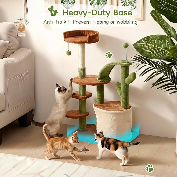 Cactus Cat Tree for Indoor Cats, 36.6" Small Cat Tower with Sisal Scratching Posts, Stable Cat Condo with Perches and Climbing Steps, Brown