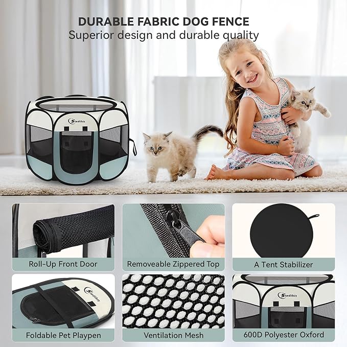 Siedihit Dog Cat Playpen, Puppy Pet Playpen Indoor for Small Dog Crate Tent Cage Outdoor, Portable Pop Up Dogs Enclosure Kennel with Carrying Case for Dogs/Cats/Rabbits(Grey, Small