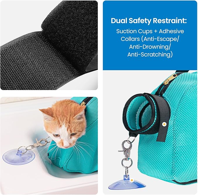6-12 lbs Anti-Escape Suction Cup Cat Grooming Bag - Medium Green Breathable Mesh, for Bathing & Nail Trimming, Portable for Travel & Easy to Clean
