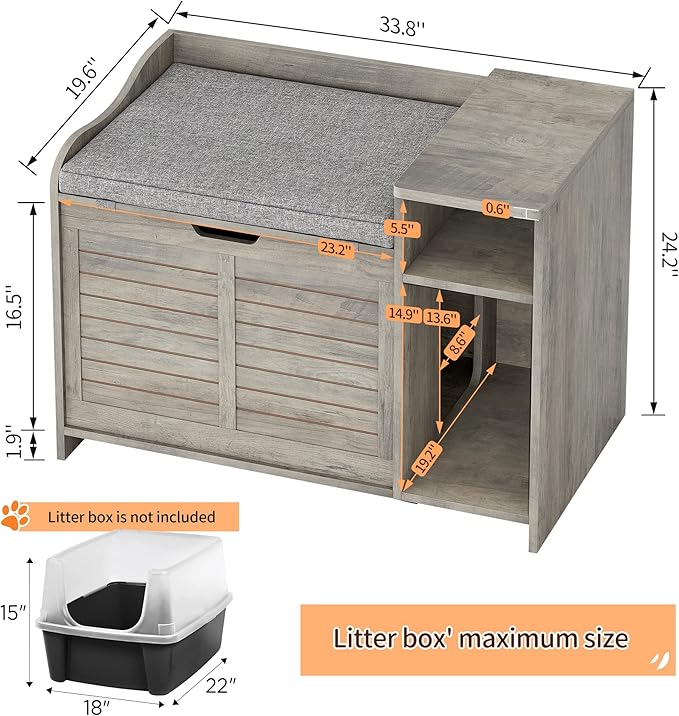 TROPOW Cat Litter Box Enclosure Furniture with Top Opening and Cushion, Hidden Litter Box Cabinet with Storage, Privacy Cat Box Enclosure, Grey