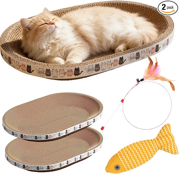Cat Scratcher Bed with Toys, 2 Pack Oval Cat Scratcher Cardboard, Indoor Cat Scratch Bowl, Large Pad Cat Scratching Board with Catnip Fish Toy & Feather Wand for Furniture Protector