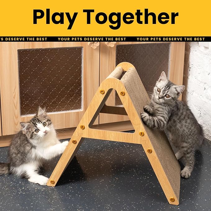 Conlun A-Frame Cat Scratching Board, Recycled Cardboard & Wood Frame, Dual-Sided Vertical Horizontal Cat Scratcher for Indoor Kittens, Space-Saving Furniture Protector for Sofa Walls-Light Wood, Small