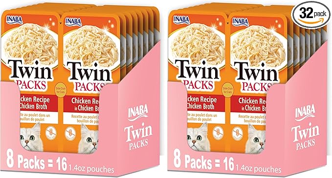 INABA Twin Packs for Cats, Side Dish/Topper Pouch, 1.4 Ounces per Serving, 16 Servings, Chicken Recipe in Chicken Broth (Pack of 2)