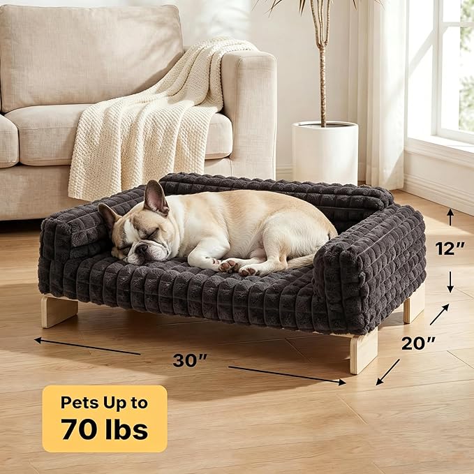 Veehoo Elevated Dog Bed Medium Size Indoor, Wood Furniture Style Dog Couch Sofa with Removable Washable Cover, Cute & Fluffy Large Cats Bed Furniture for Home