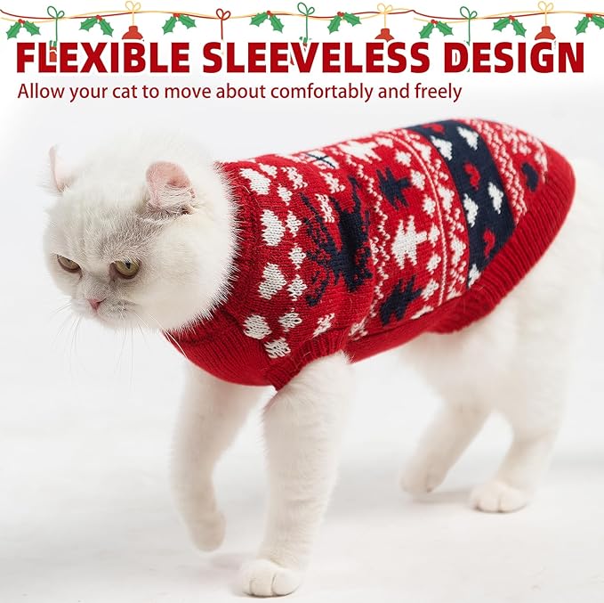 PUPTECK Christmas Cat Sweater, Soft Warm Turtleneck Pet Winter Clothes, Kitten Sweater Apparel, Knitwear Coat for Cats Puppy Outfit Cold Weather Clothes, Red M