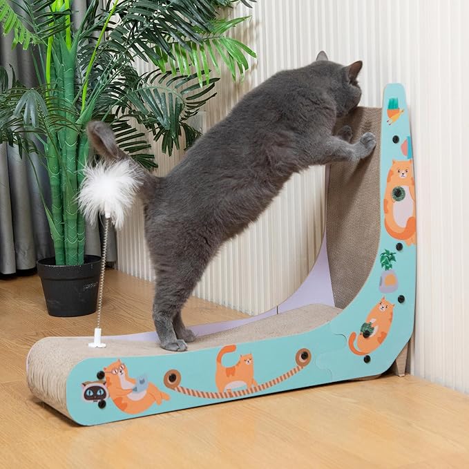 COZIWOW L-Shape Cat Scratcher Lounge, Corrugated Cardboard Scratching Pad for Indoor Cats, Durable Cat Furniture with Spring Toy (Colorful)