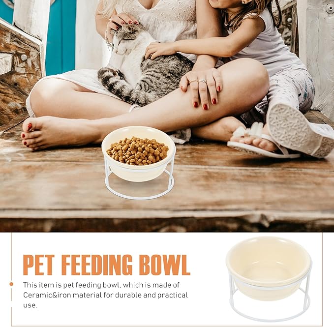 SOLUSTRE Ceramic Cat and Dog Food Bowl with Elevated Iron Stand, Neck Protection Raised Pet Feeding and Watering Dish for Cats and Small Dogs, Beige Single Bowl