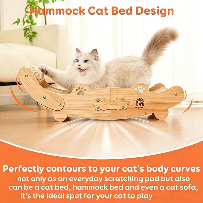Large Sisal Cat Scratch Pad, Nartural Soild Wood Cat Scratcher Bed with Sisal Scratching Felt and 4 Balls for Indoor Cats Scratch & Lounger & Sleep (Large Size, Nature Wood)
