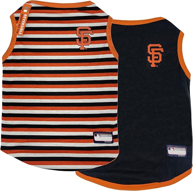 Pets First MLB SAN Francisco Giants Reversible T-Shirt, Large for Dogs & Cats. A Pet Shirt with The Team Logo That Comes 2 Designs; Stripe Tee on one Side; Solid Design Other Side|, SFG-4158-LG