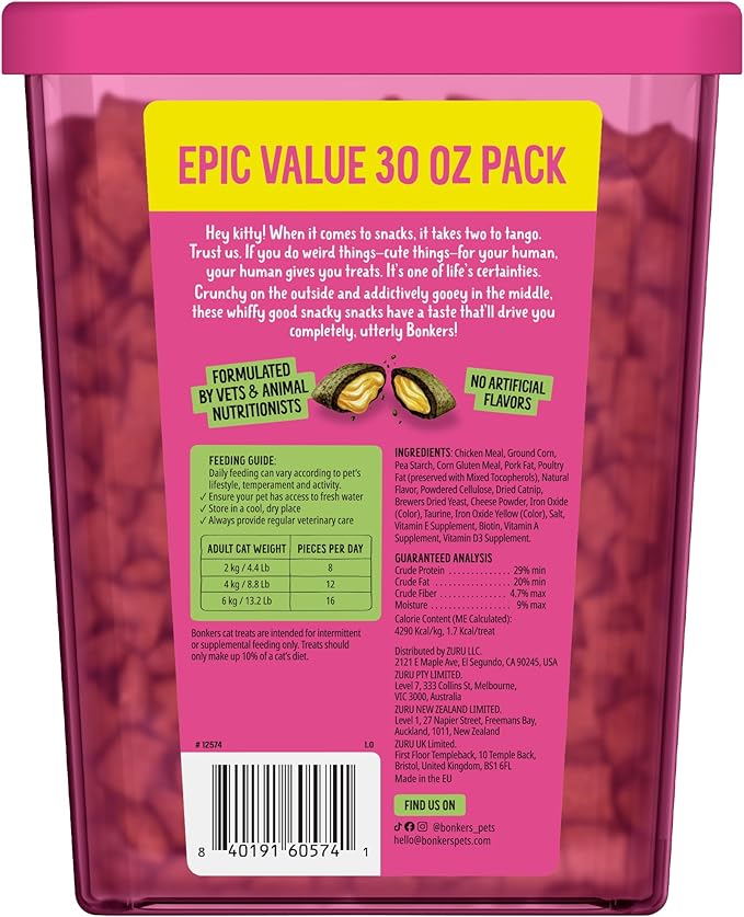 Bonkers Bites Catnip & Chick 'N' Cheddar Flavor Crunchy & Soft Treats for Cats, 30oz Tub