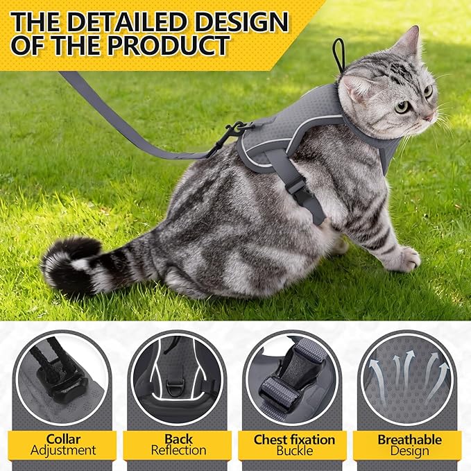 JOHNBOLIN Cat Harness and Leash Set - Escape Proof, Adjustable Breathable Vest Harnesses with Reflective Strips, Easy Control & Secure Walking for Small Medium Large Cats Kitten Collar (Grey, Small)