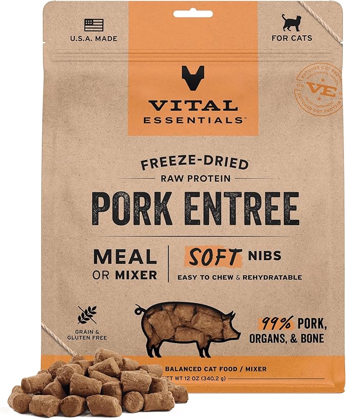 Vital Essentials Freeze Dried Cat Food, Raw Pork Soft Nibs | Complete Meal or Topper | 99% Pork, Organs & Bone | Limited Ingredient, High Protein, Grain Free Dry Cat Food | 12 oz Bag